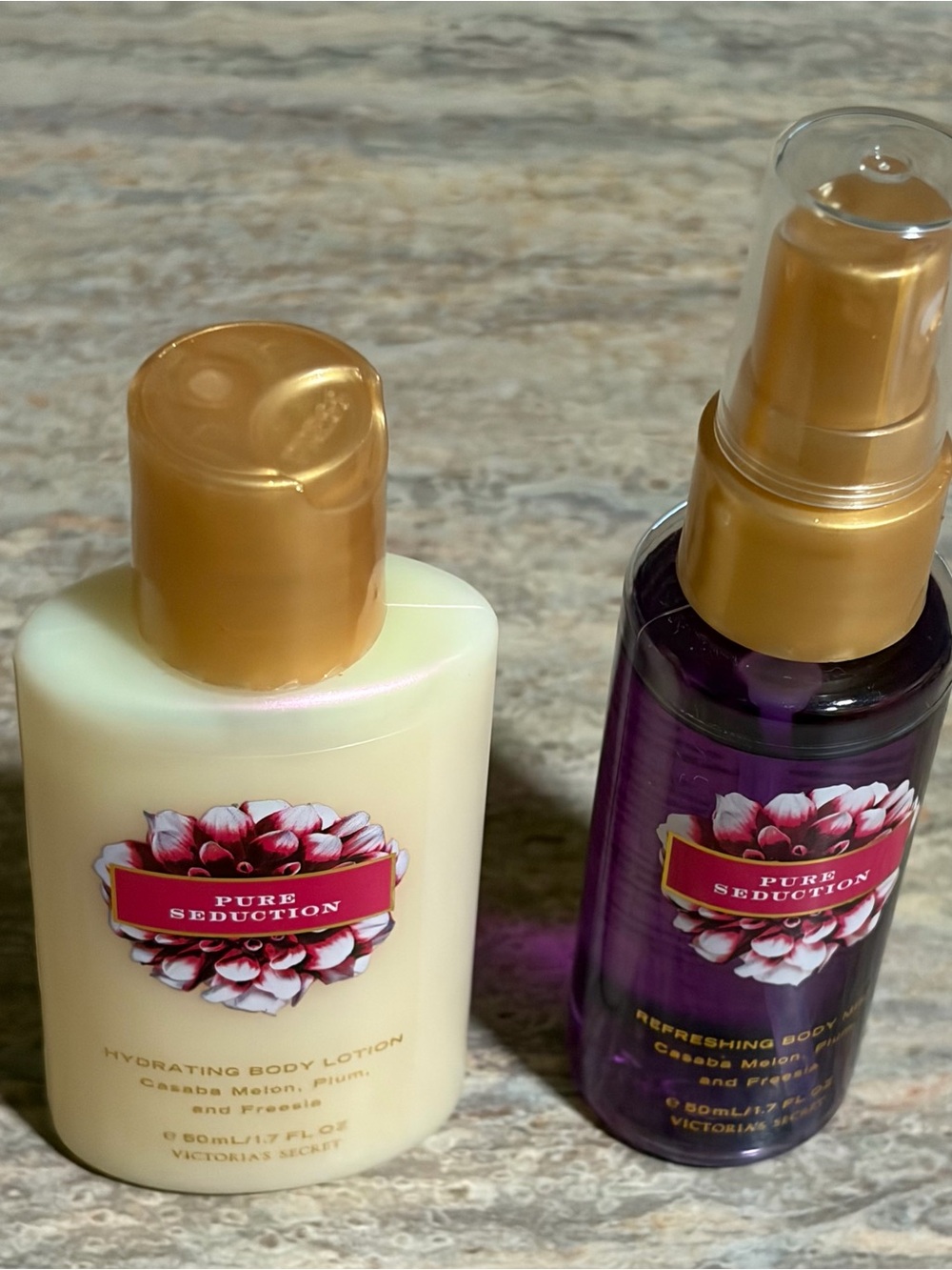 Victoria's Secret Pure Seduction Lotion & Mist - Purple and Cream with Gold Caps